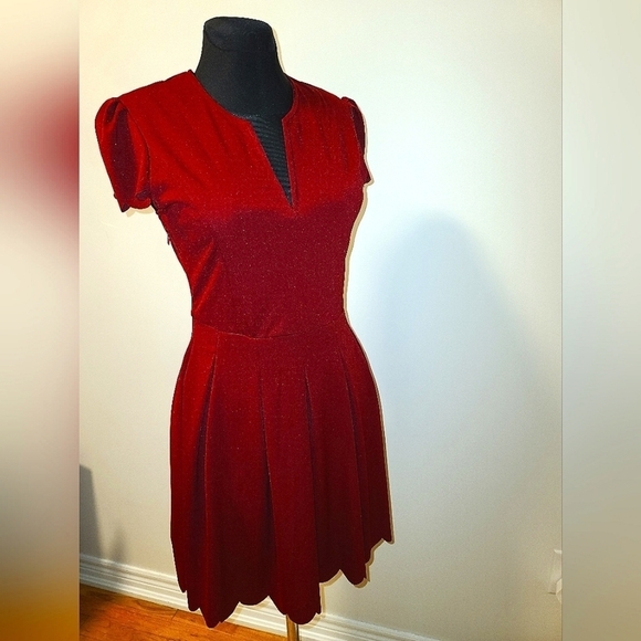 Burghundy V-NECK Skater Dress M - Picture 5 of 14